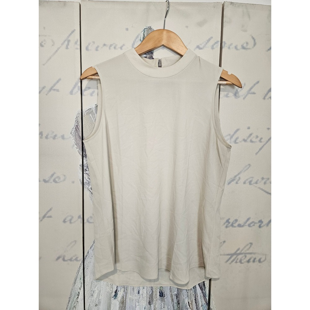 Eileen Fisher 100% Silk Sleeveless Top Small Bone Mock Neck Keyhole Minimalist